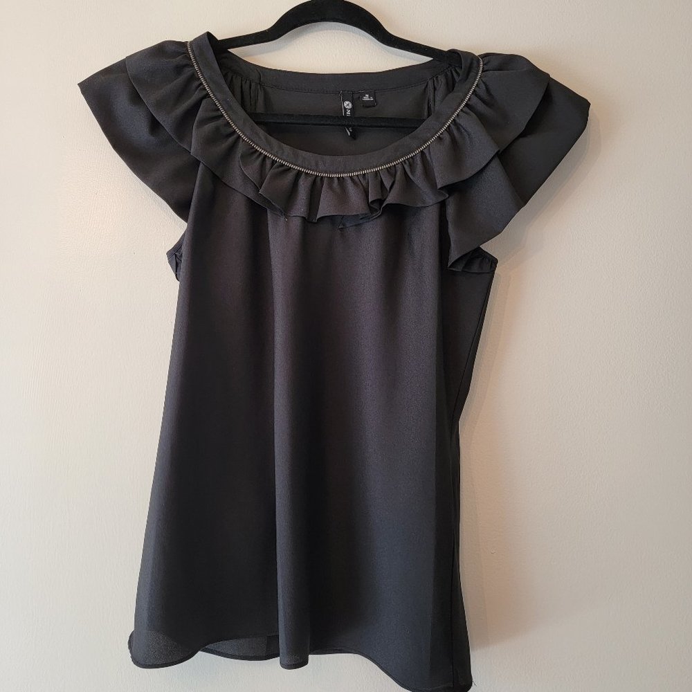 Milano, Black Flutter Sleeve Blouse with Zipper Detail, Size M